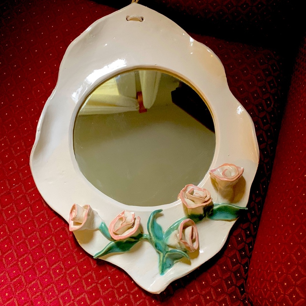 Handmade Pottery Mirror, WITH ROSES, beautifully crafted, wall hang